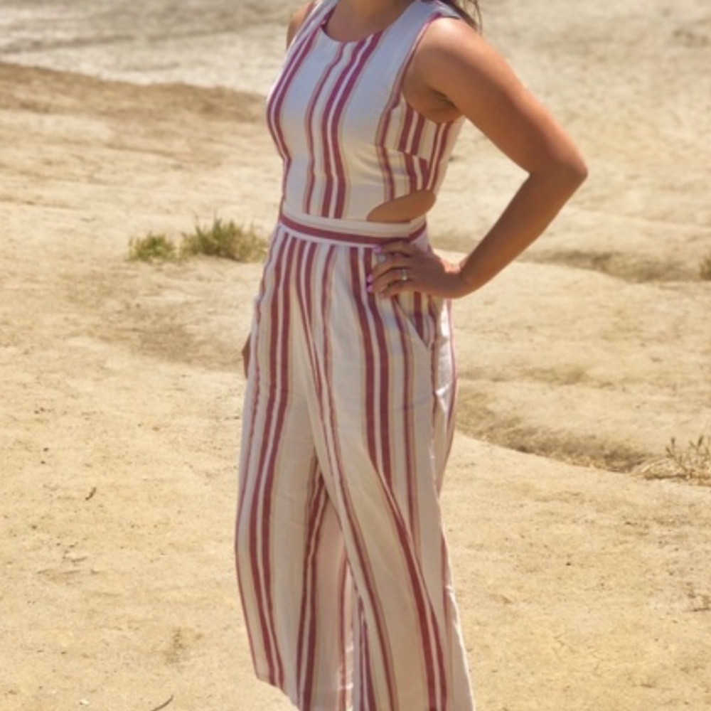 Japna Red White Striped Sleeveless Cut Out Boho One Piece Jumpsuit Size S Small